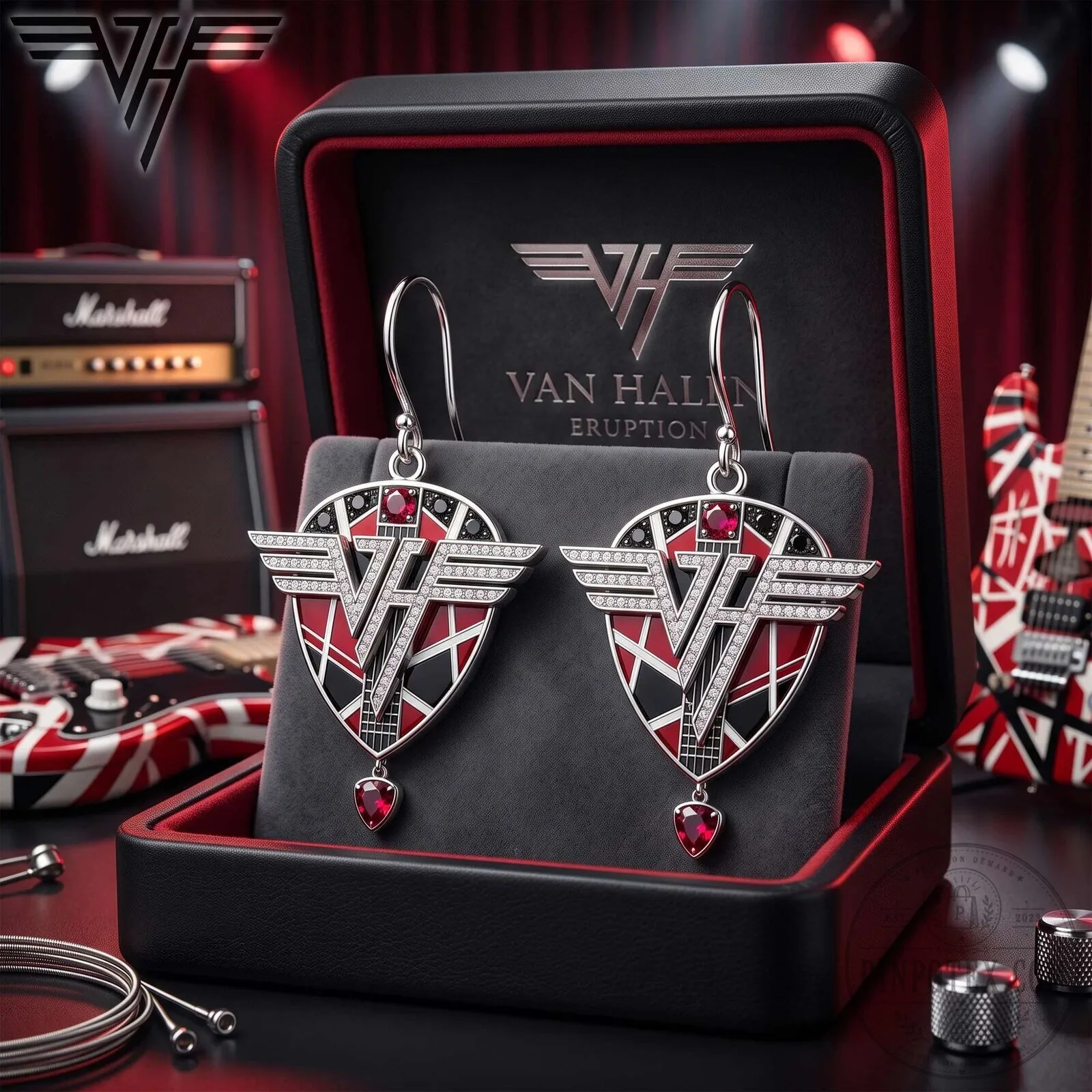 Van Halen Eruption Logo Sterling Silver Hook Drop Earrings with Red Gemstones
