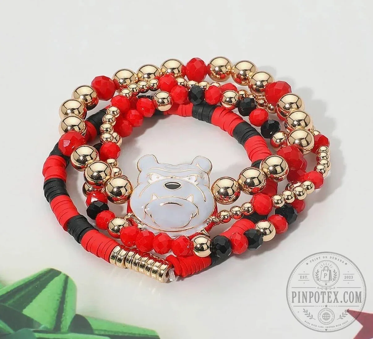 Red and Black Bulldog Mascot Charm Beaded Stretch Bracelet Set