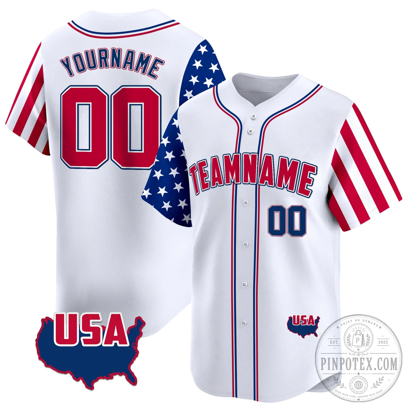 White Royal Red American Map Custom Baseball Jersey with USA Flag Sleeves