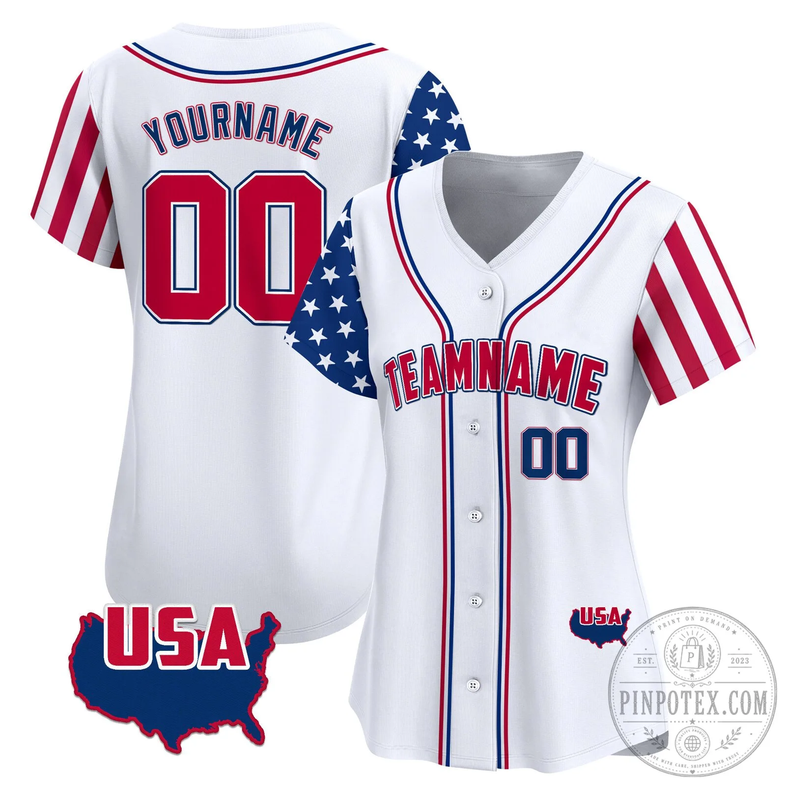 White Royal Red American Map Custom Baseball Jersey with USA Flag Sleeves 7 White Royal Red American Map Custom Baseball Jersey with USA Flag Sleeves