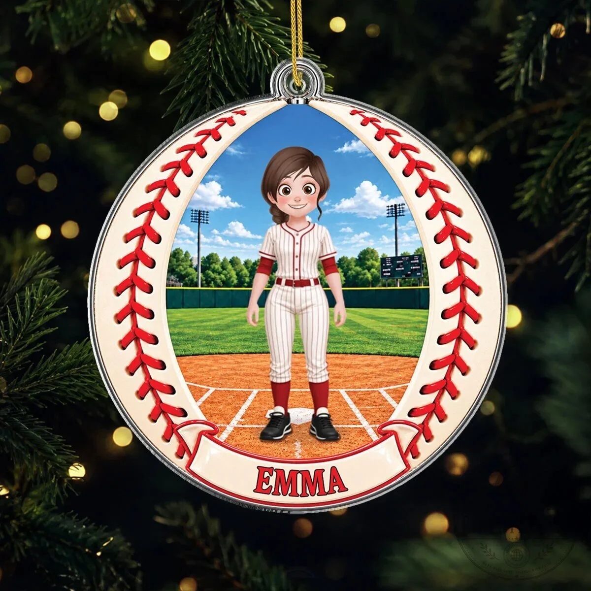 Personalized Baseball Player Girl Round Christmas Tree Ornament