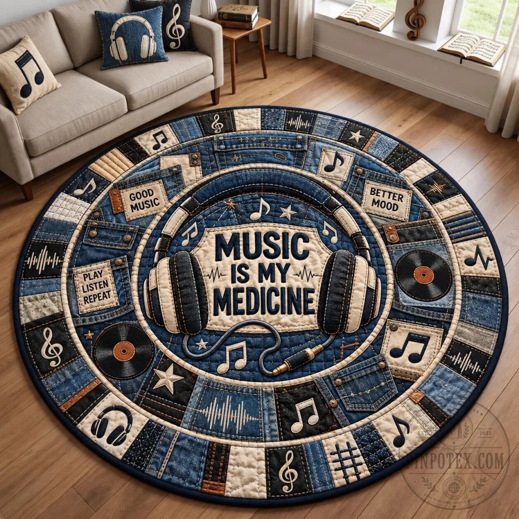 Music Is My Medicine Headphones Denim Patchwork Round Area Rug Music Is My Medicine Headphones Denim Patchwork Round Area Rug