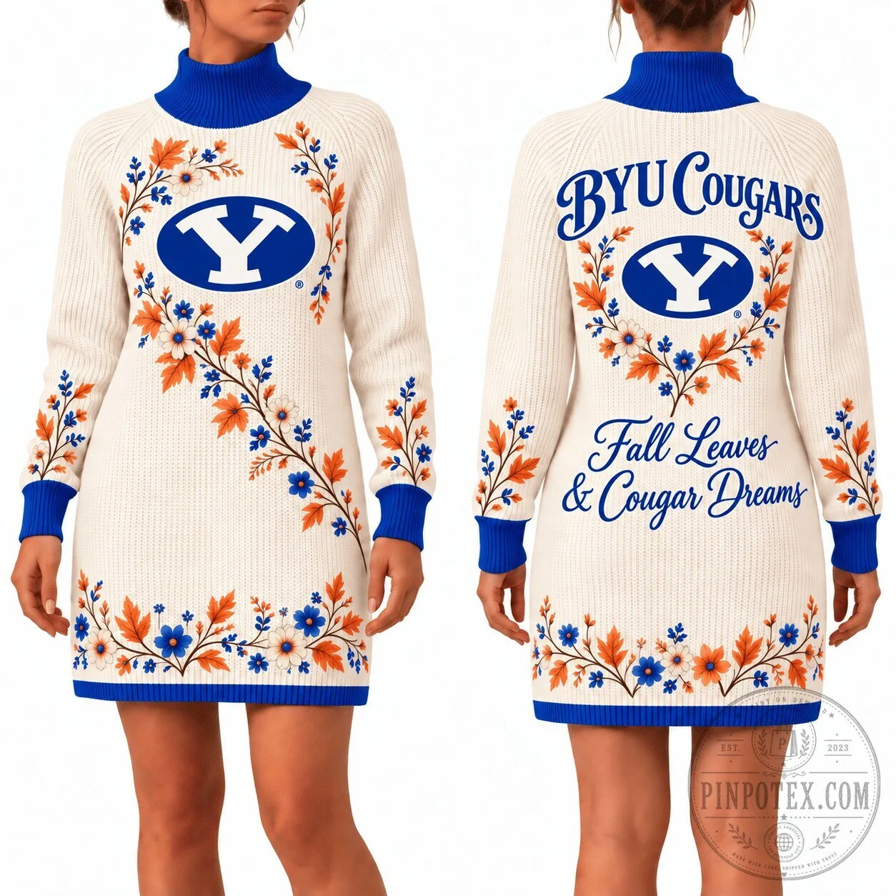 BYU Cougars Fall Leaves and Cougar Dreams Women's Sweater Dress