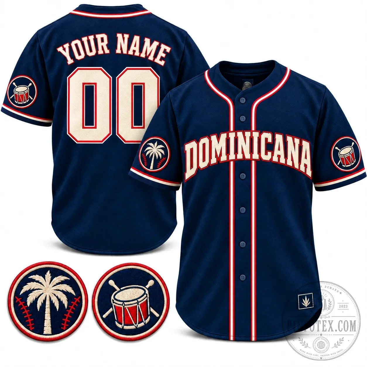 Dominicana Heritage Custom Baseball Jersey with Palm Tree and Drum Patches