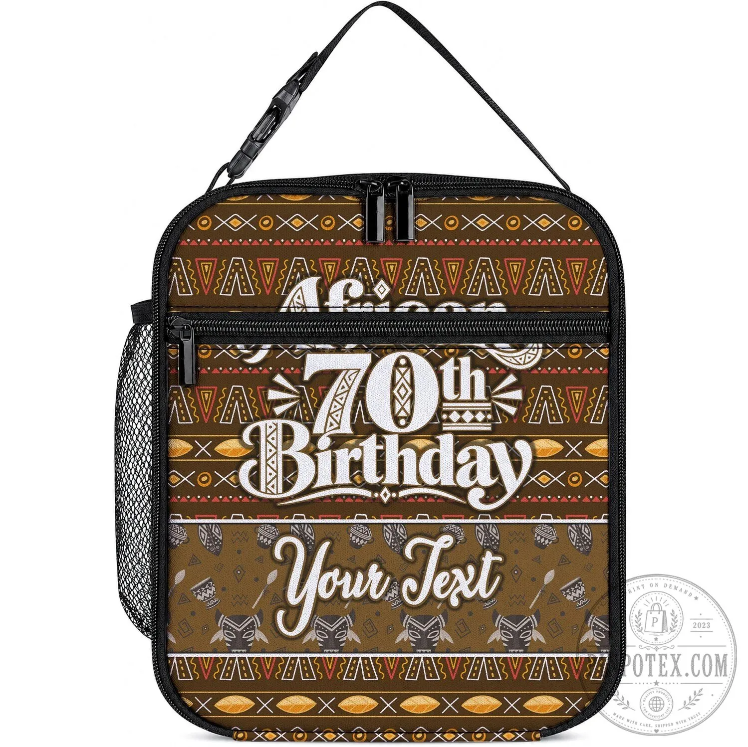 Personalized African 70th Birthday Tribal Pattern Mudcloth Heritage Art Lunch Bag
