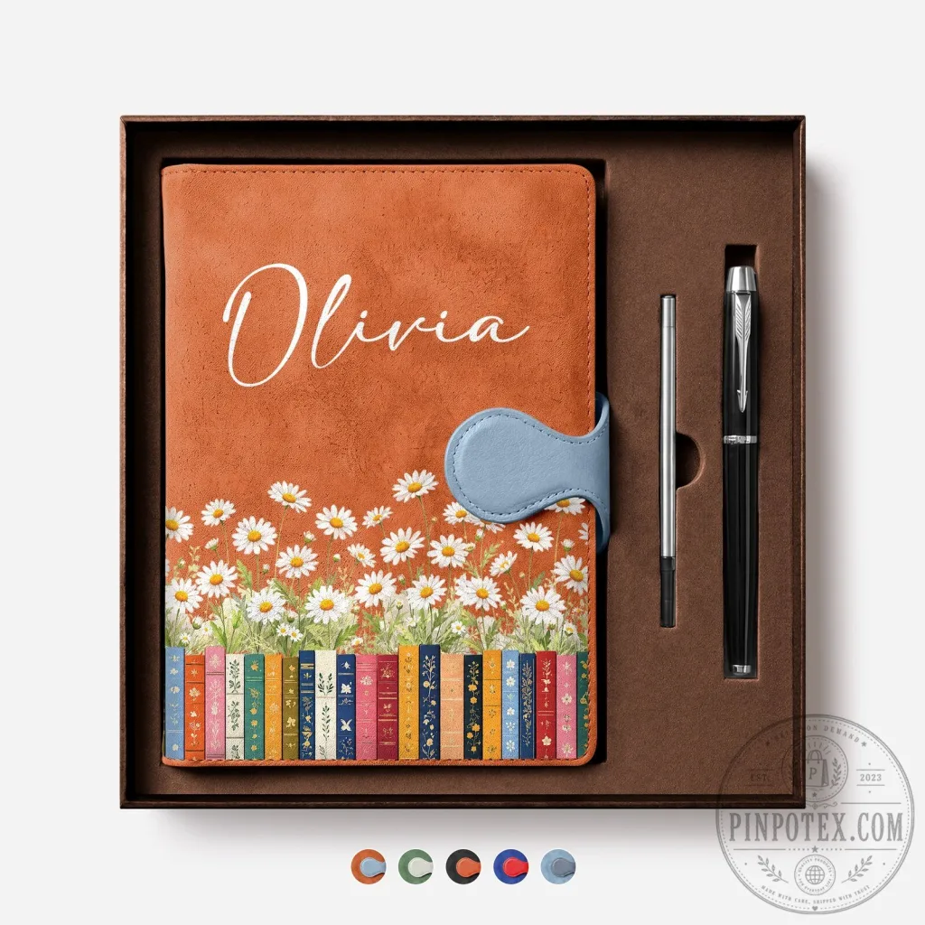 Personalized Daisy Flowers and Books Leather Journal Notebook with Pen Personalized Daisy Flowers and Books Leather Journal Notebook with Pen