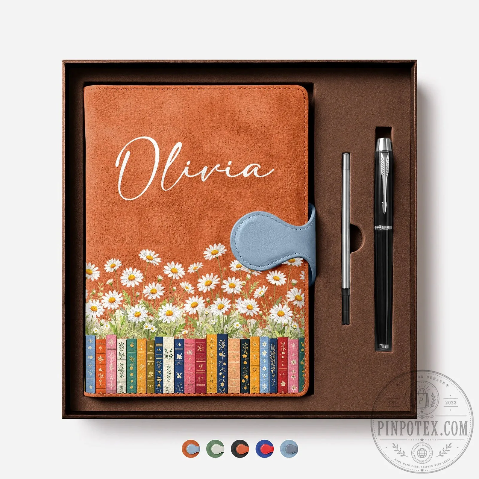 Personalized Daisy Flowers and Books Leather Journal Notebook with Pen