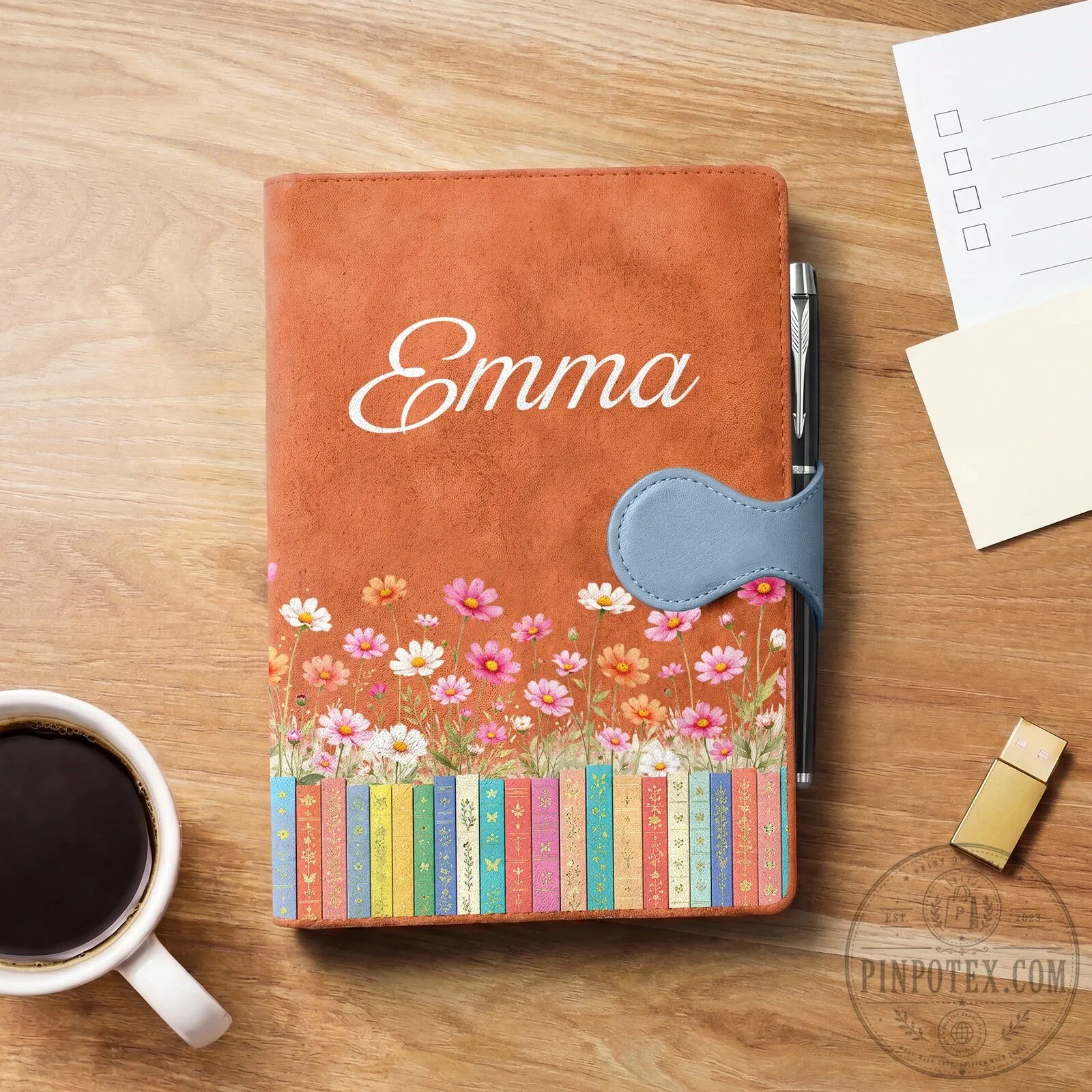 Personalized Daisy Flowers and Books Leather Journal Notebook with Pen 9 Personalized Daisy Flowers and Books Leather Journal Notebook with Pen