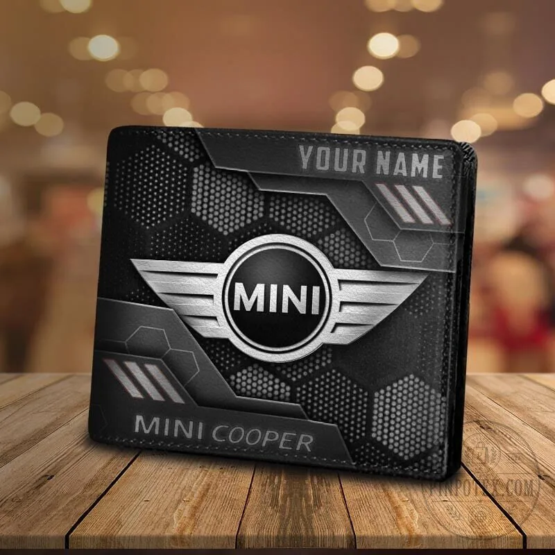 Mini Cooper Personalized Black Hexagon Design Bifold Leather Wallet