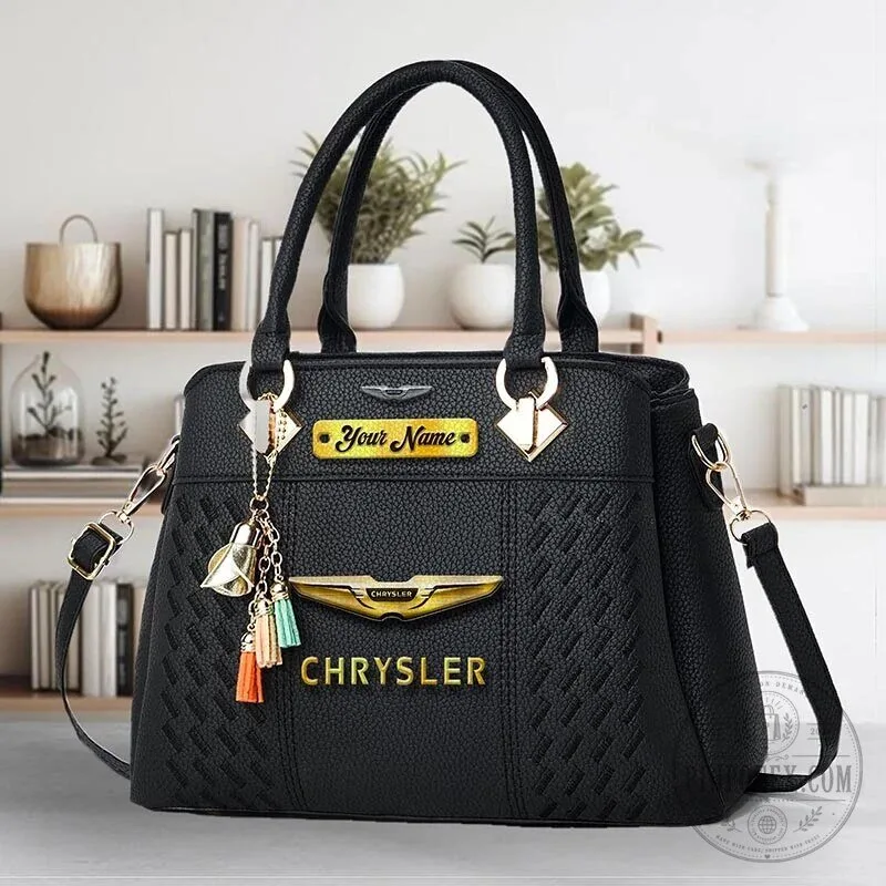 Personalized Chrysler Car Logo Black Leather Handbag