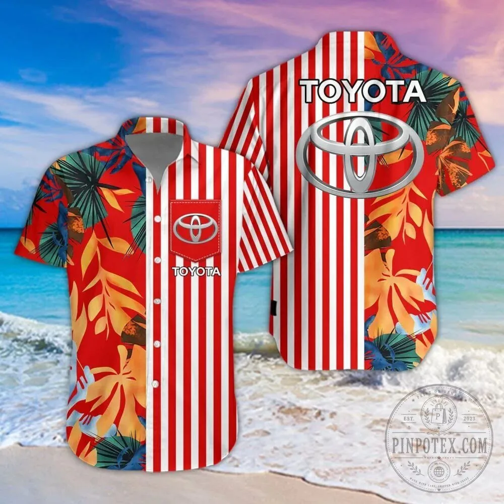 Toyota Racing Red Striped Tropical Leaves Hawaiian Shirt