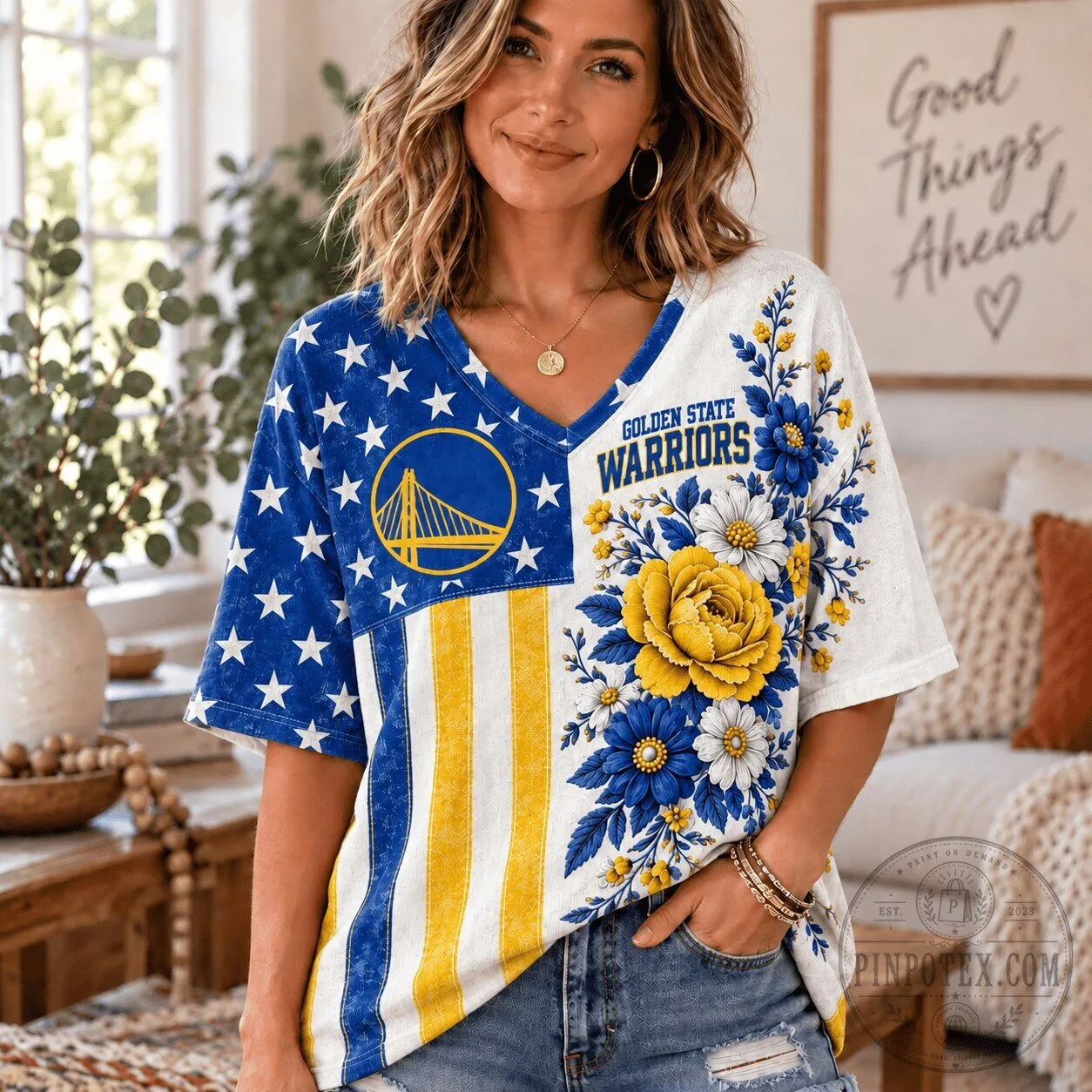 Golden State Warriors NBA Fan Shirt for Women, V-Neck T-Shirt with Floral Design