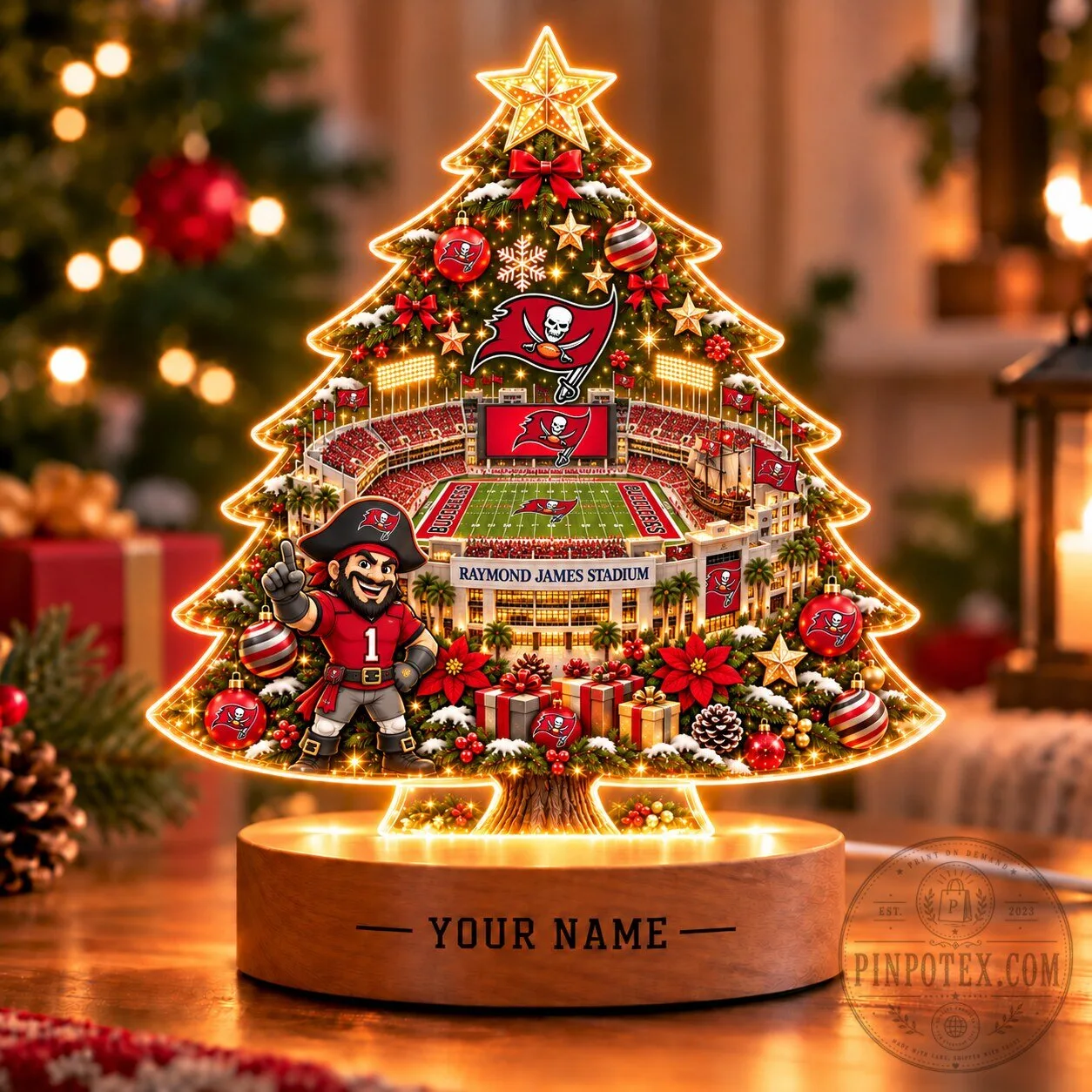 Tampa Bay Buccaneers Raymond James Stadium Christmas Tree LED Light Custom Name Ornament