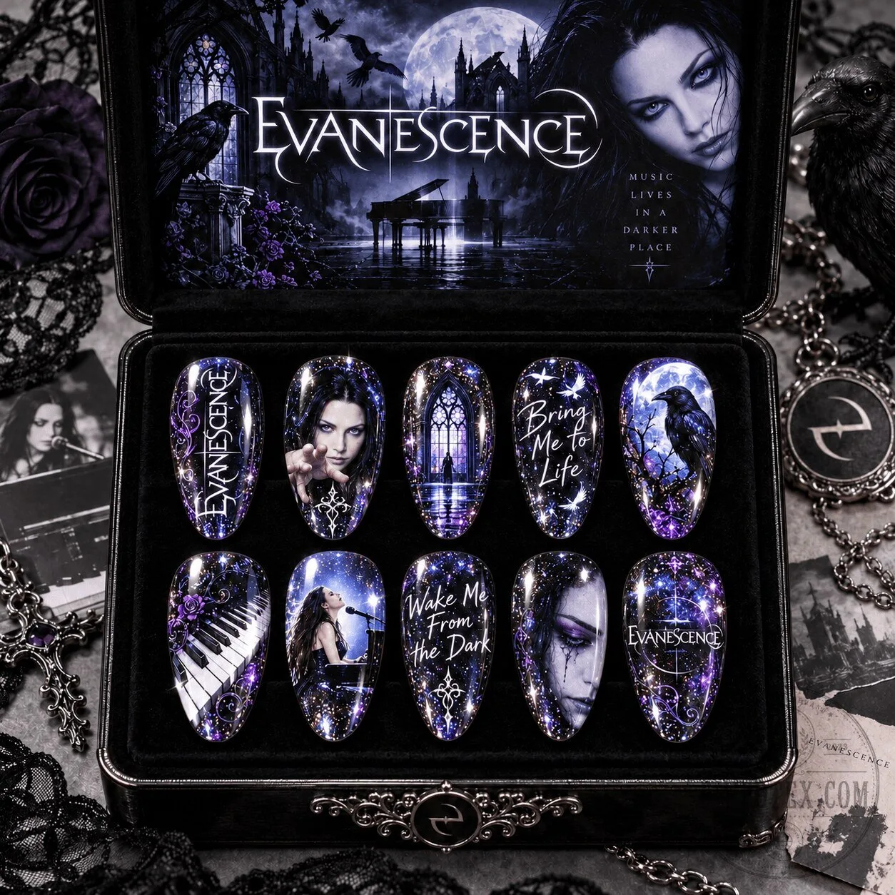 Evanescence Gothic Moonlit Portrait Press-On Nails Set for Alternative Style