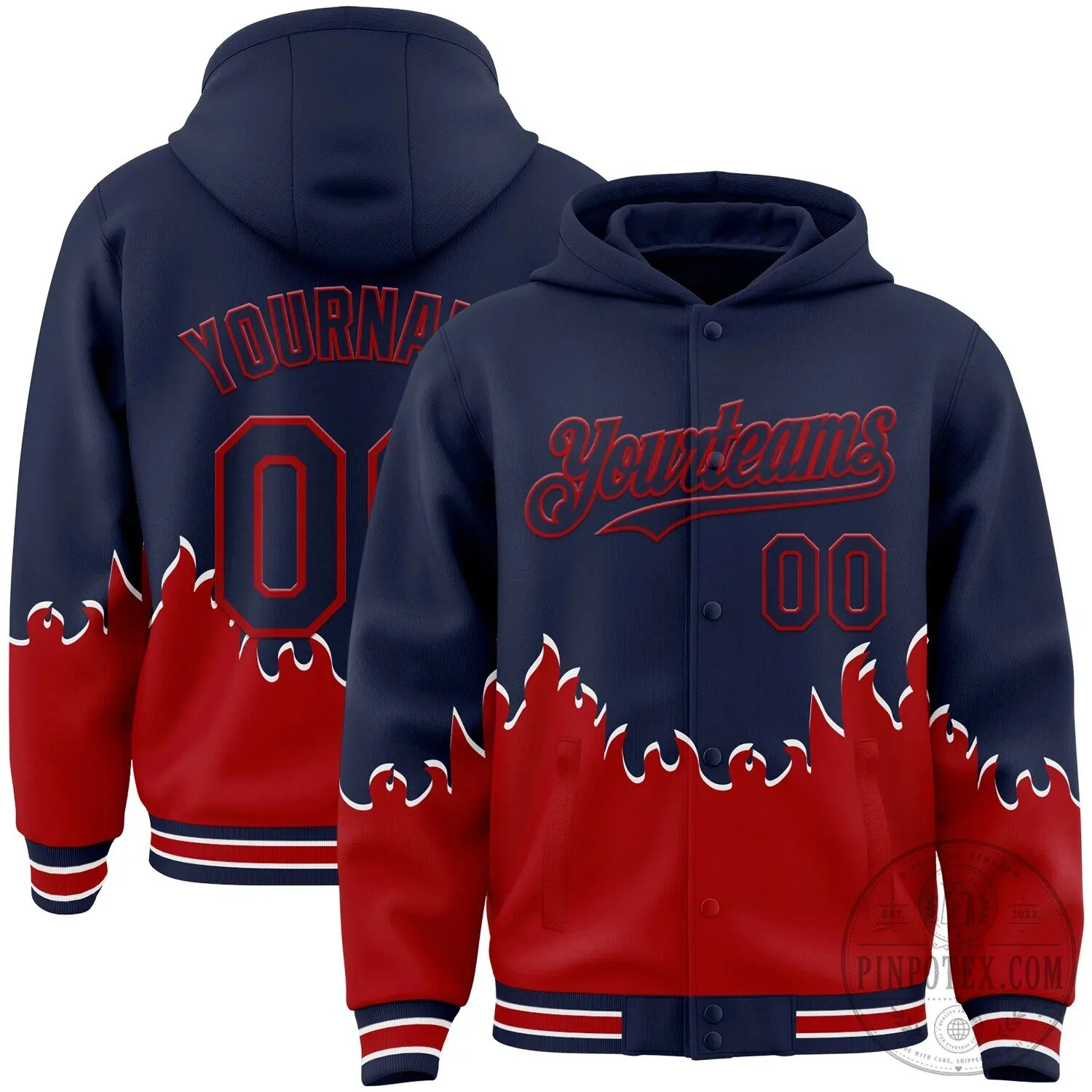 Custom Navy Red Fire Flame Bomber Full Snap Varsity Letterman Hoodie Jacket