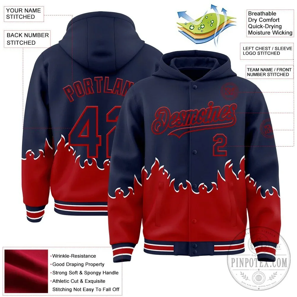 Custom Navy Red Fire Flame Bomber Full Snap Varsity Letterman Hoodie Jacket 11 Custom Navy Red Fire Flame Bomber Full Snap Varsity Letterman Hoodie Jacket