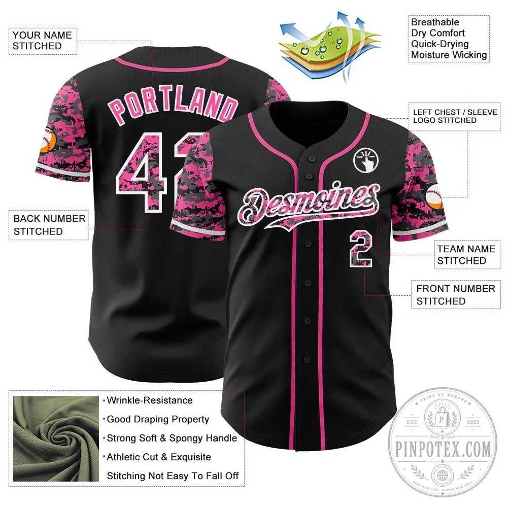 Custom Black Pink White Digital Camouflage Two Tone Authentic Baseball Jersey 9 Custom Black Pink White Digital Camouflage Two Tone Authentic Baseball Jersey