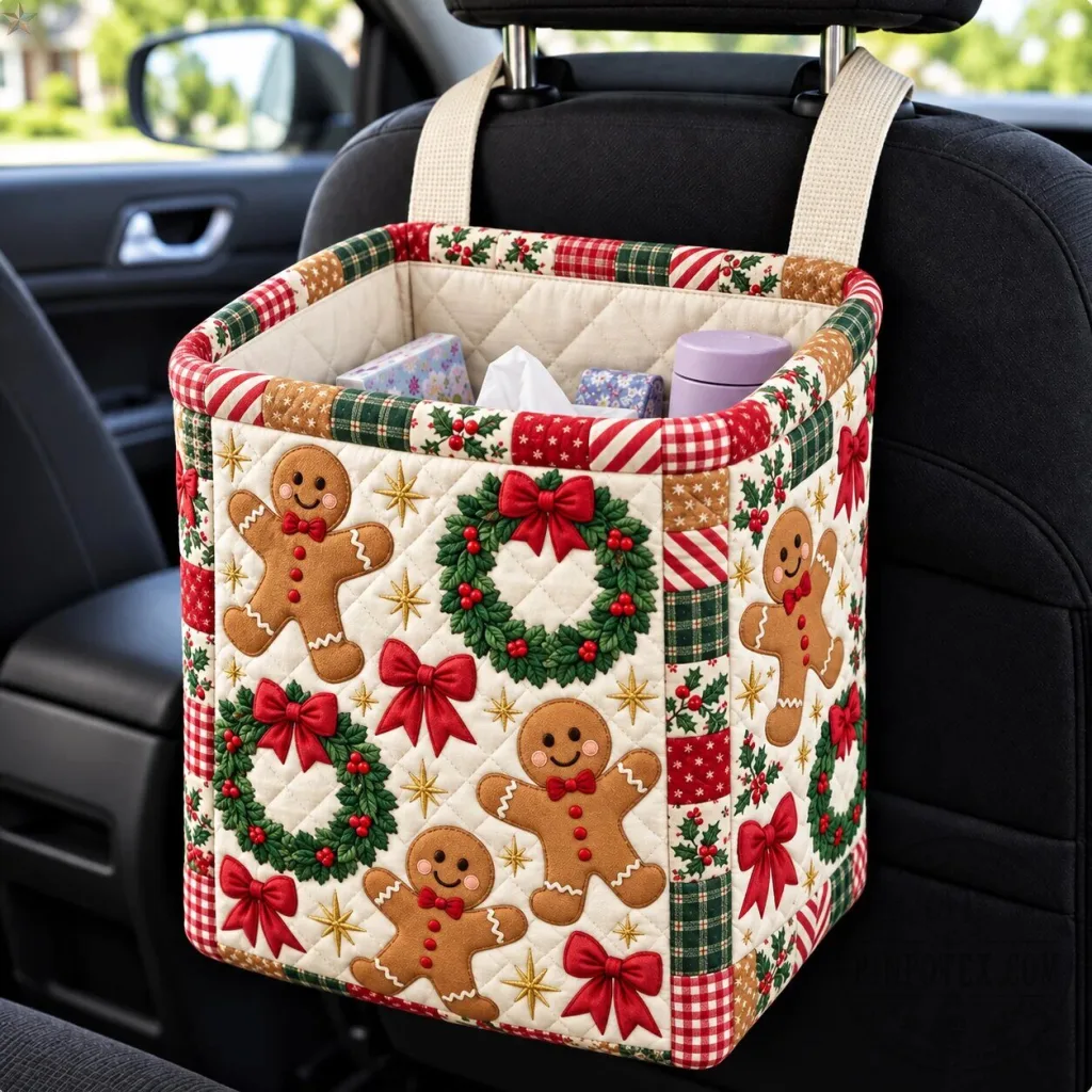 Gingerbread Man Christmas Wreath Quilted Car Storage Basket Organizer Gingerbread Man Christmas Wreath Quilted Car Storage Basket Organizer