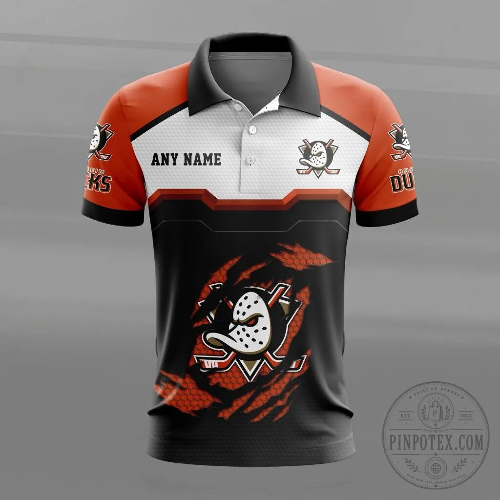 Anaheim Ducks Personalized Name Orange Black White Hockey Team Polo Shirt
