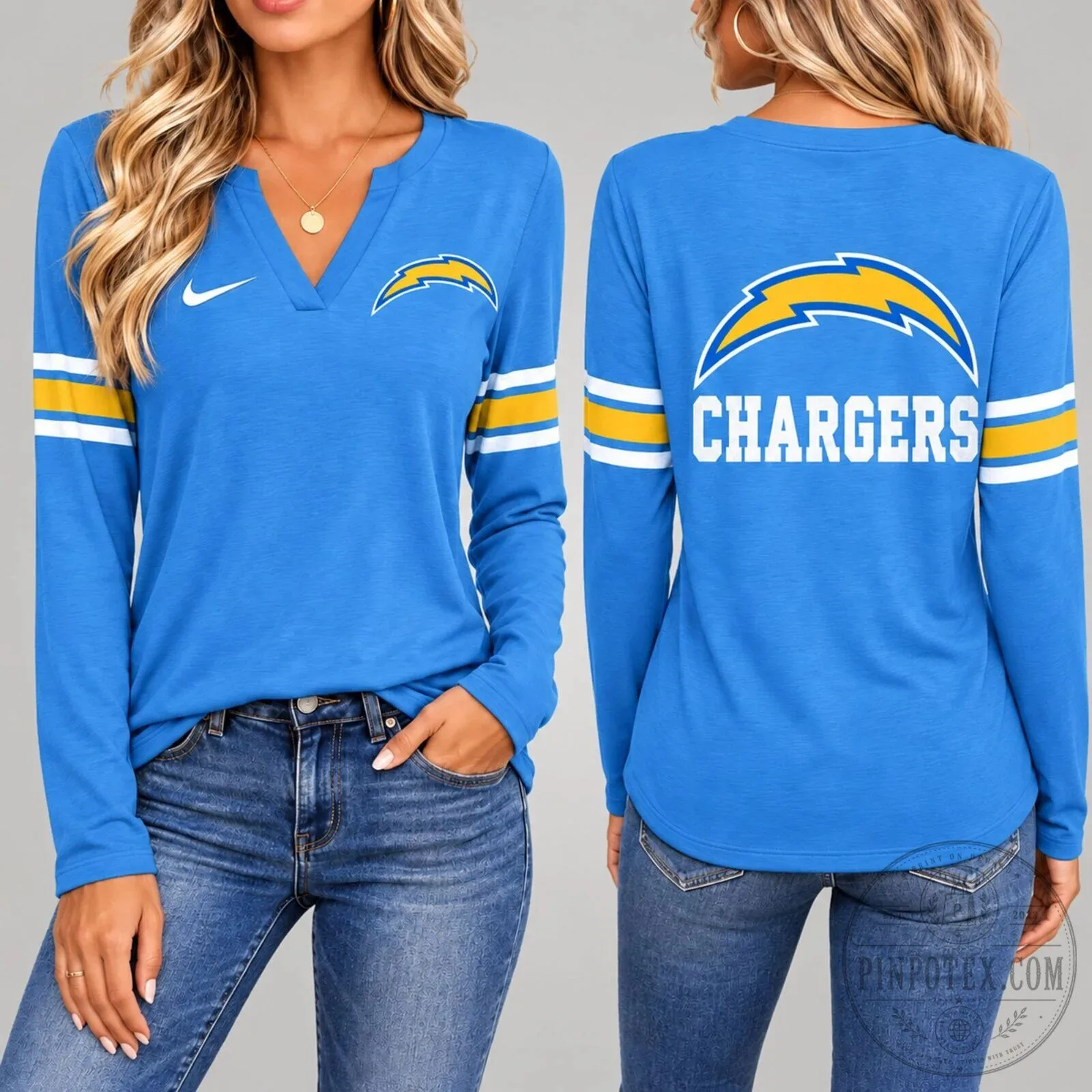 Los Angeles Chargers Football Team Women's Vintage V-Neck Long Sleeve Shirt