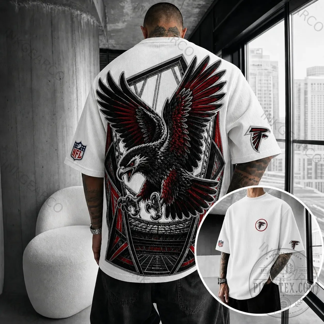 Atlanta Falcons NFL Football Team Logo White Striped Short Sleeve T-Shirt 1 Atlanta Falcons NFL Football Team Logo White Striped Short Sleeve T-Shirt