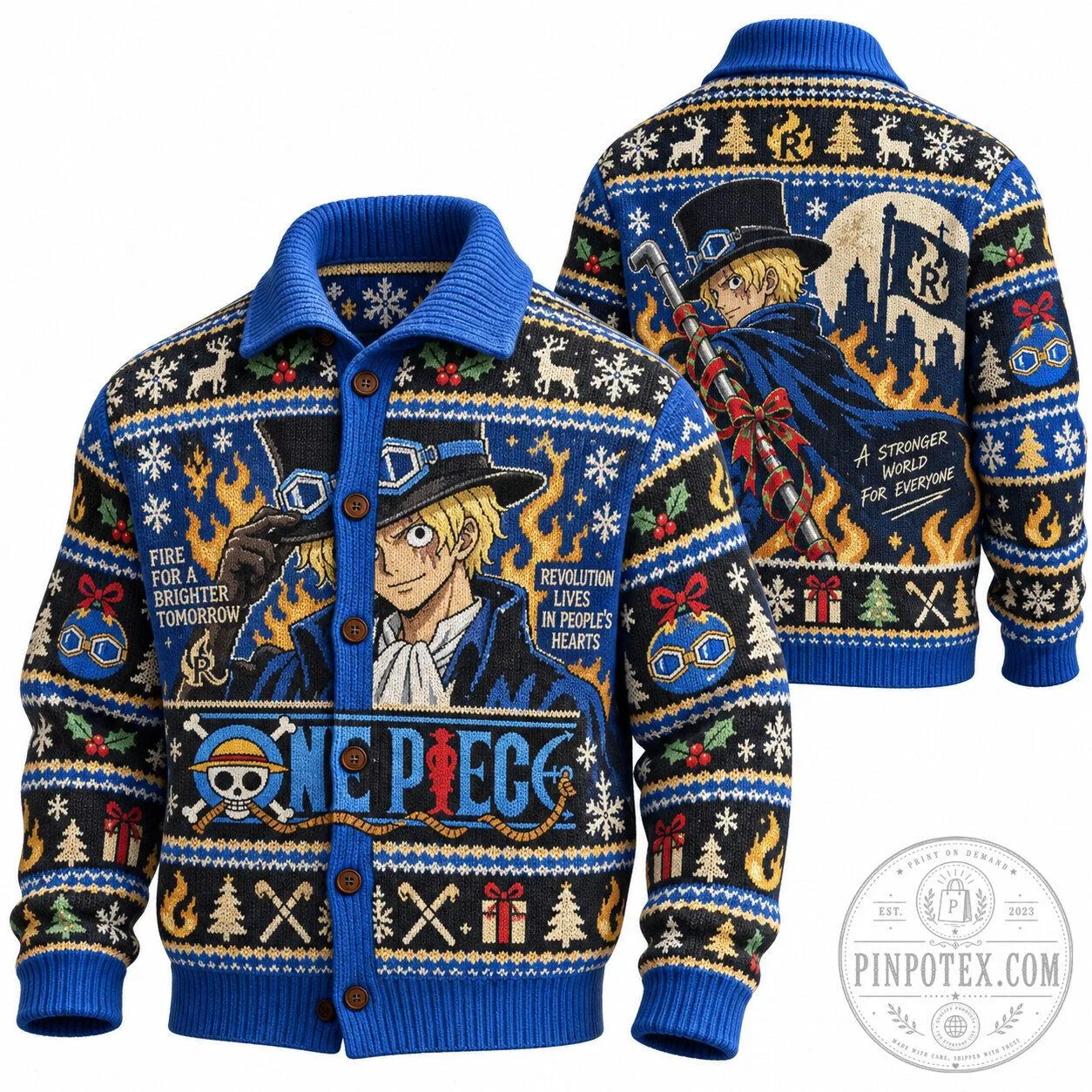 One Piece Sabo Fire Revolution Ugly Christmas Sweater Cardigan 1 One Piece Sabo Fire Revolution Ugly Christmas Sweater Cardigan