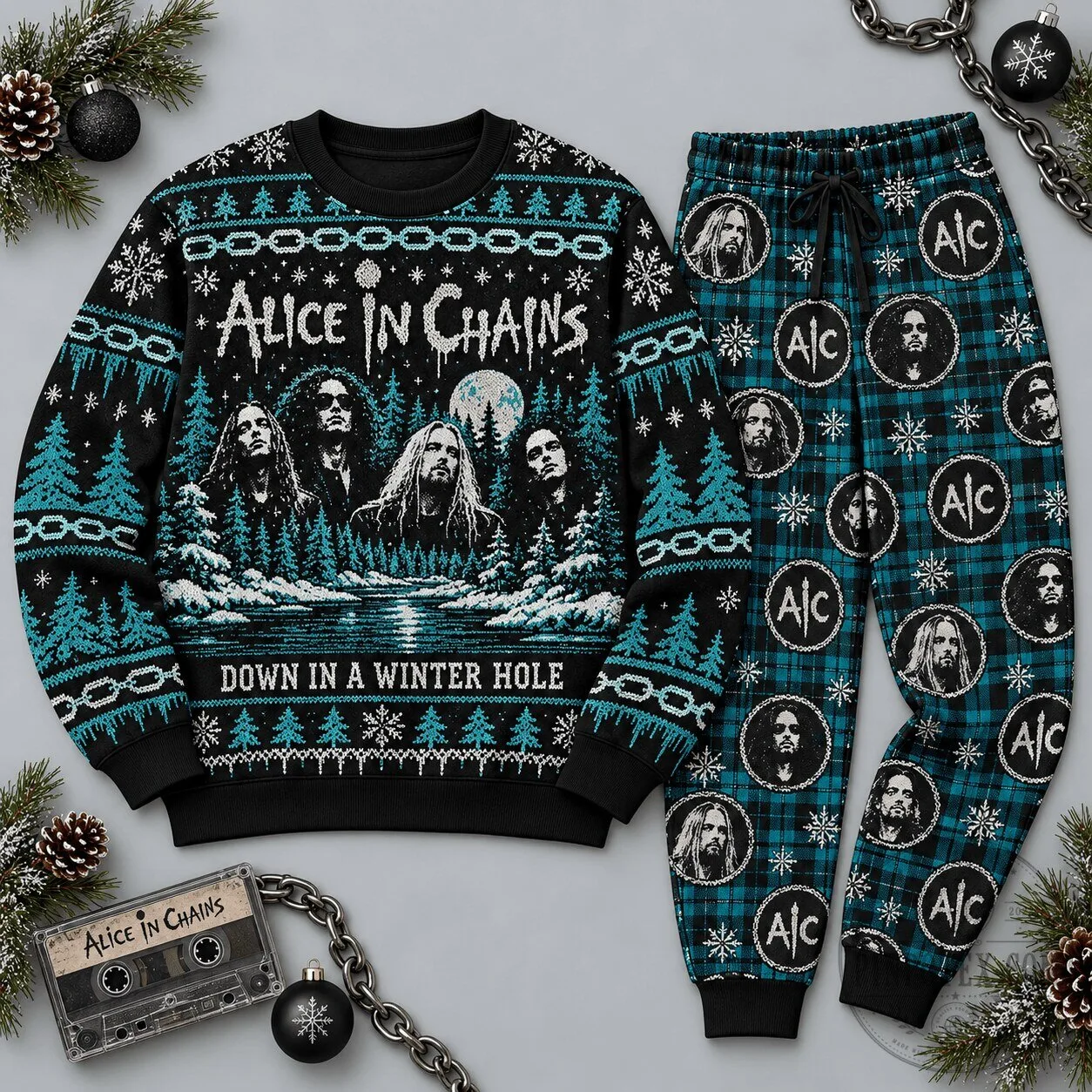 Alice in Chains Down in a Winter Hole Ugly Christmas Sweater and Jogger Pants Set