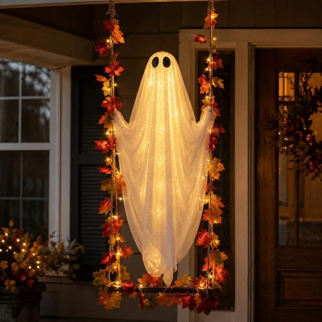 Spooky Halloween Ghost Hanging Porch Decoration with LED Lights and Autumn Leaves Spooky Halloween Ghost Hanging Porch Decoration with LED Lights and Autumn Leaves