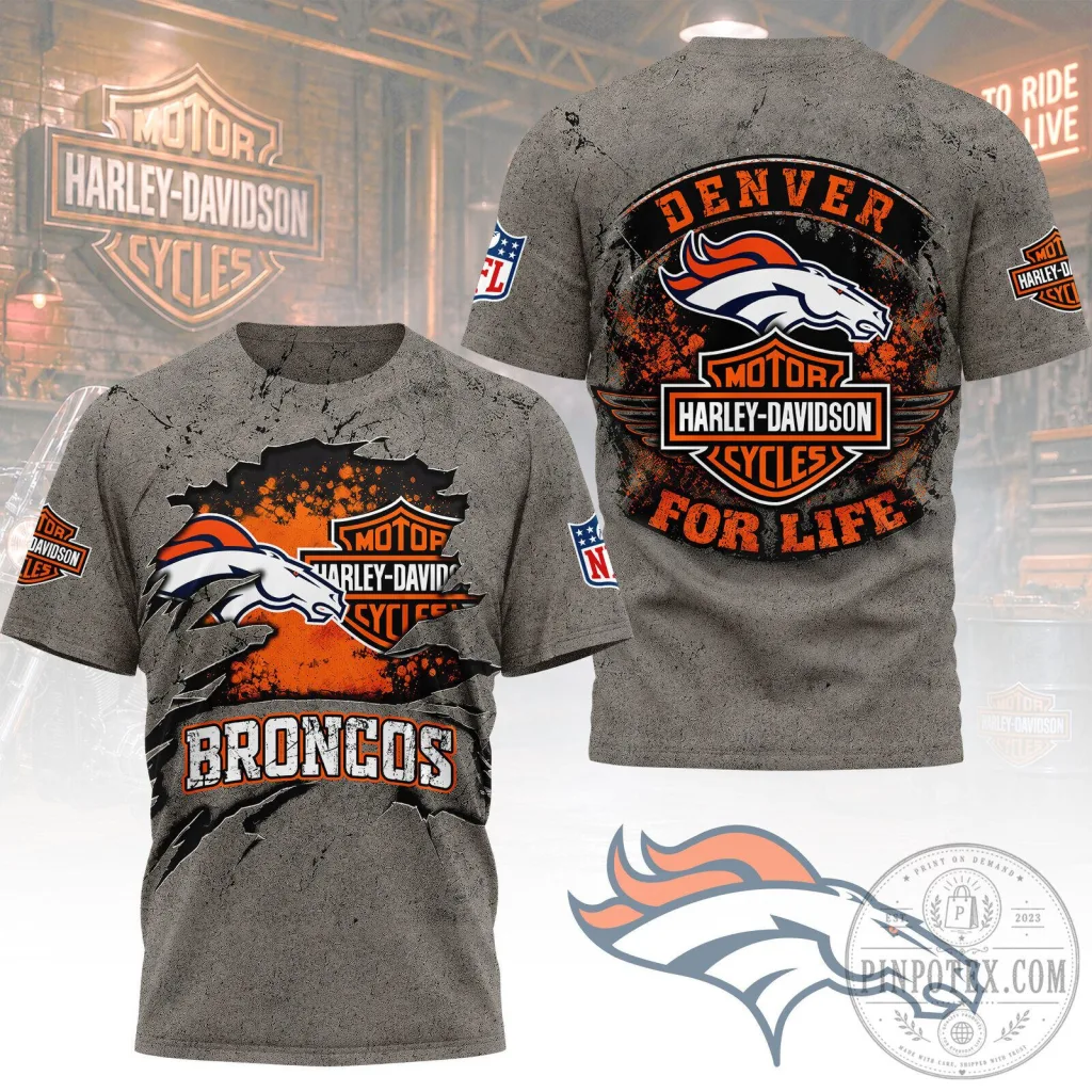 Denver Broncos Harley-Davidson For Life Distressed Gray T-Shirt Denver Broncos Harley-Davidson For Life Distressed Gray T-Shirt