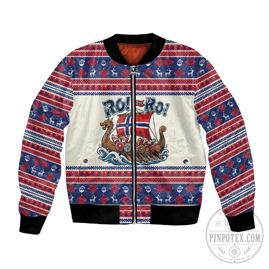 Norge Christmas Viking Longship Ugly Sweater Pattern Bomber Jacket