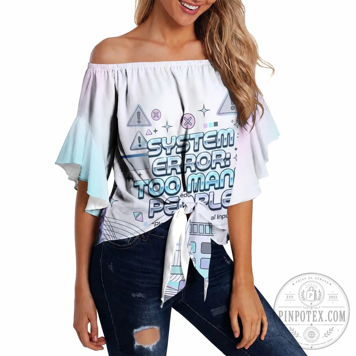 System Error Too Many People Off Shoulder Wrap Waist Tie Front Top