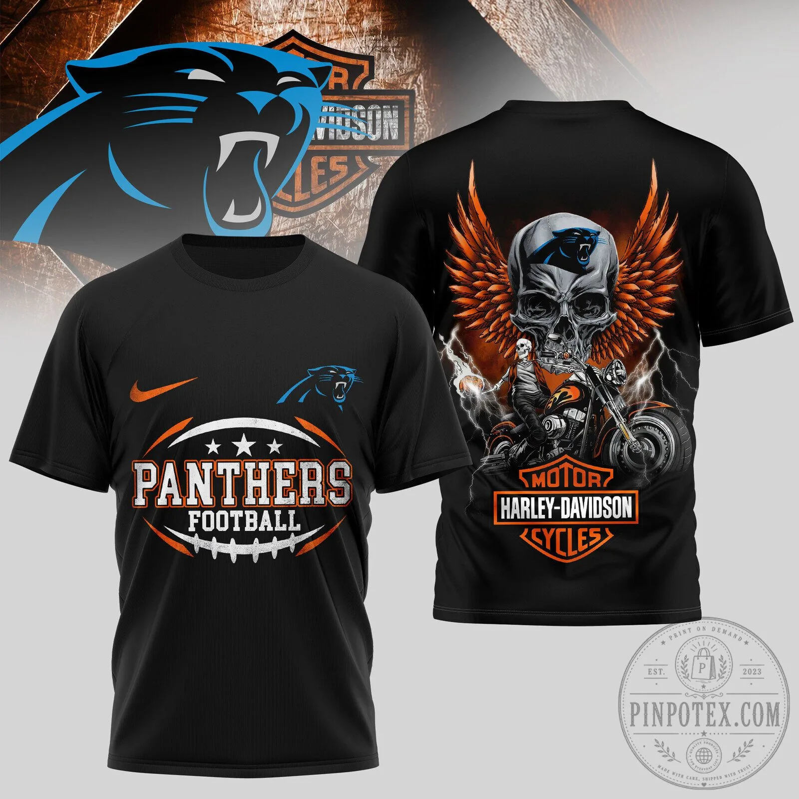 Carolina Panthers Harley Davidson Motorcycle Skull Wings Football Fan T-Shirt