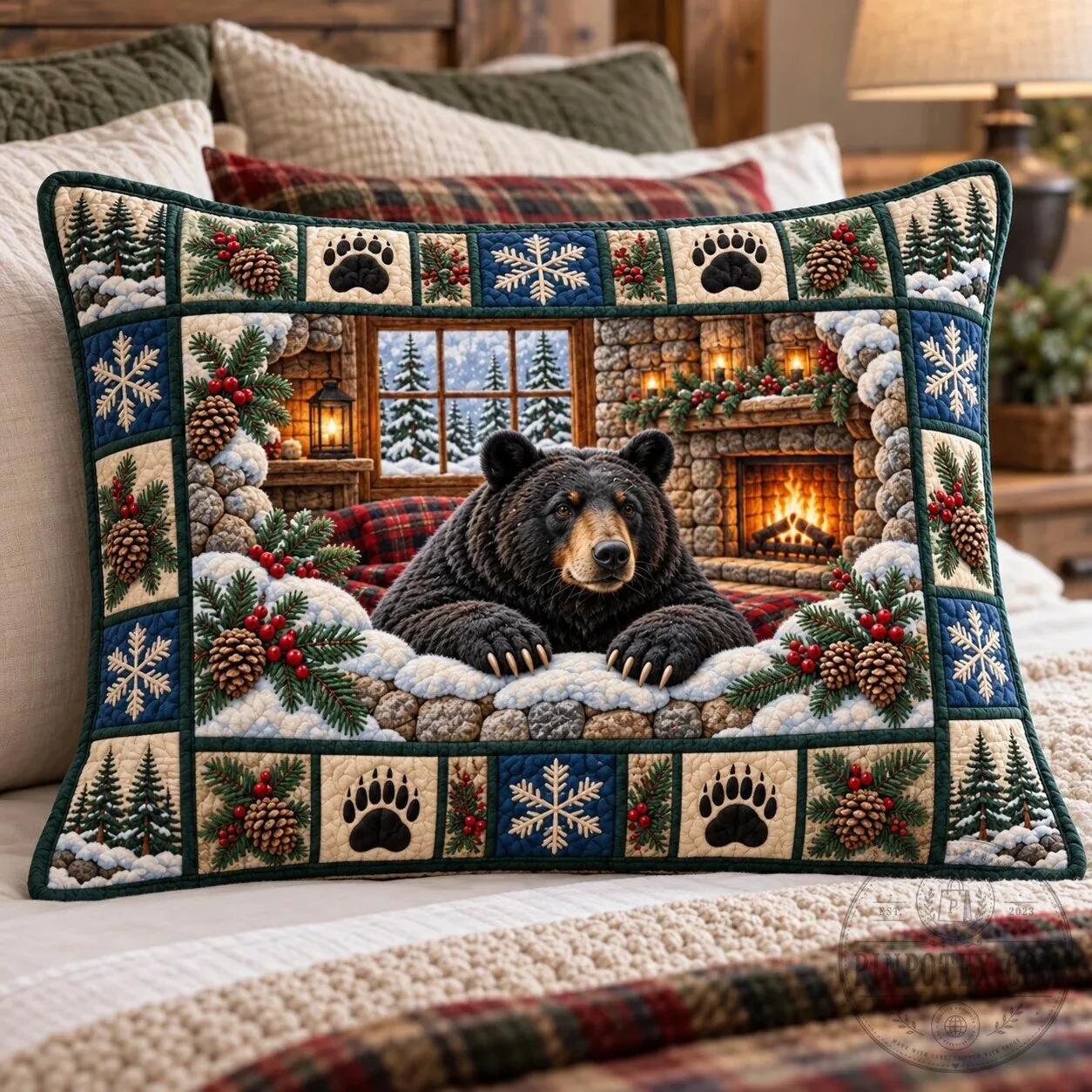 Rustic Winter Cabin Black Bear Paw Print Snowflake Decorative Pillow