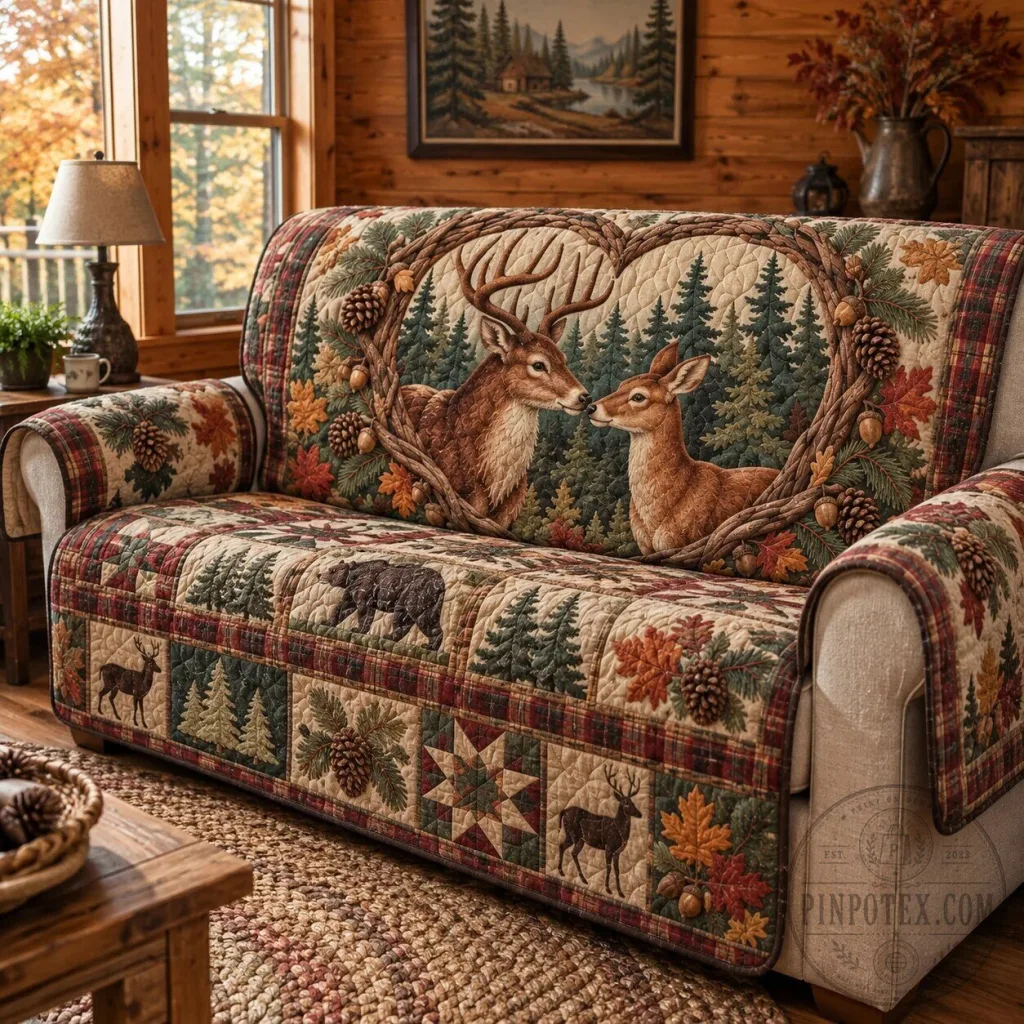 Rustic Forest Echoes Quilted Sofa Cover with Deer and Bear Wildlife Design Rustic Forest Echoes Quilted Sofa Cover with Deer and Bear Wildlife Design