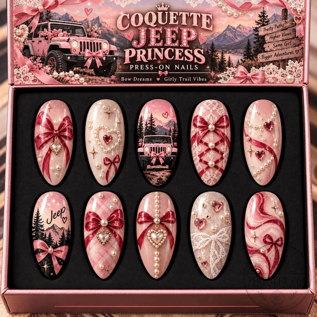 Coquette Jeep Princess Pink Bows and Pearls Press On Nail Set Coquette Jeep Princess Pink Bows and Pearls Press On Nail Set