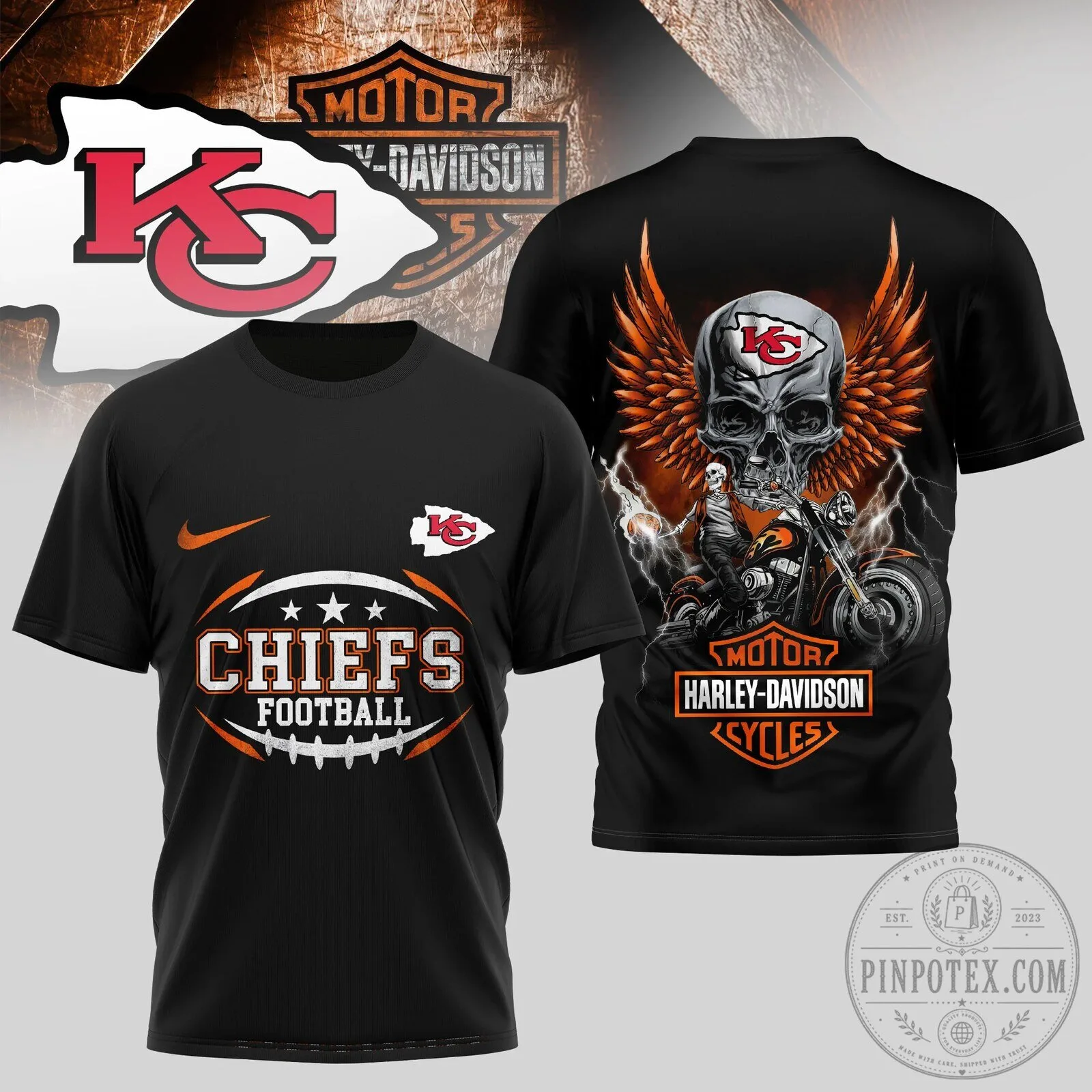 Kansas City Chiefs Harley Davidson Skull Motorcycle Rider T-Shirt
