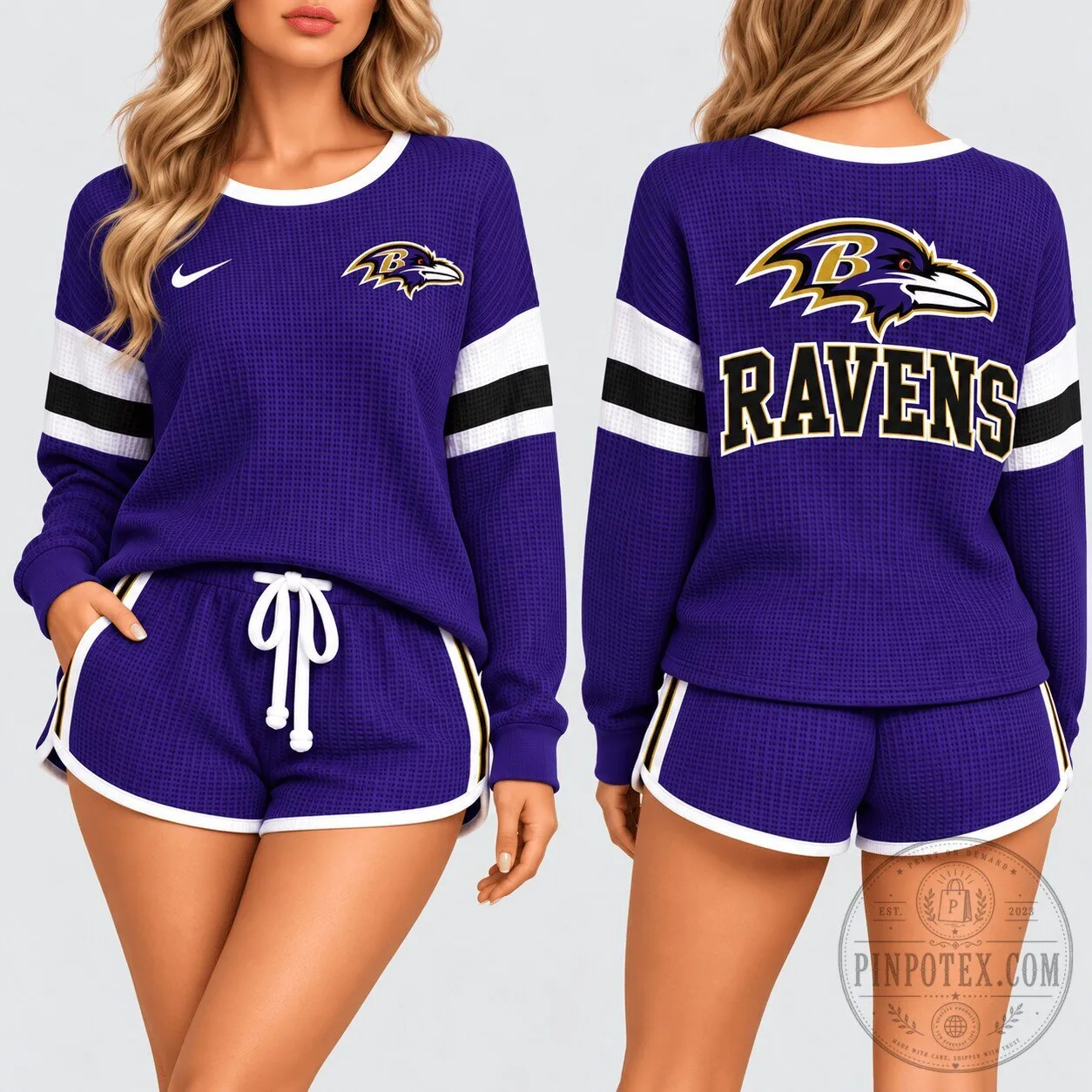 Baltimore Ravens Women's Waffle Knit Long Sleeve Shirt and Shorts Set