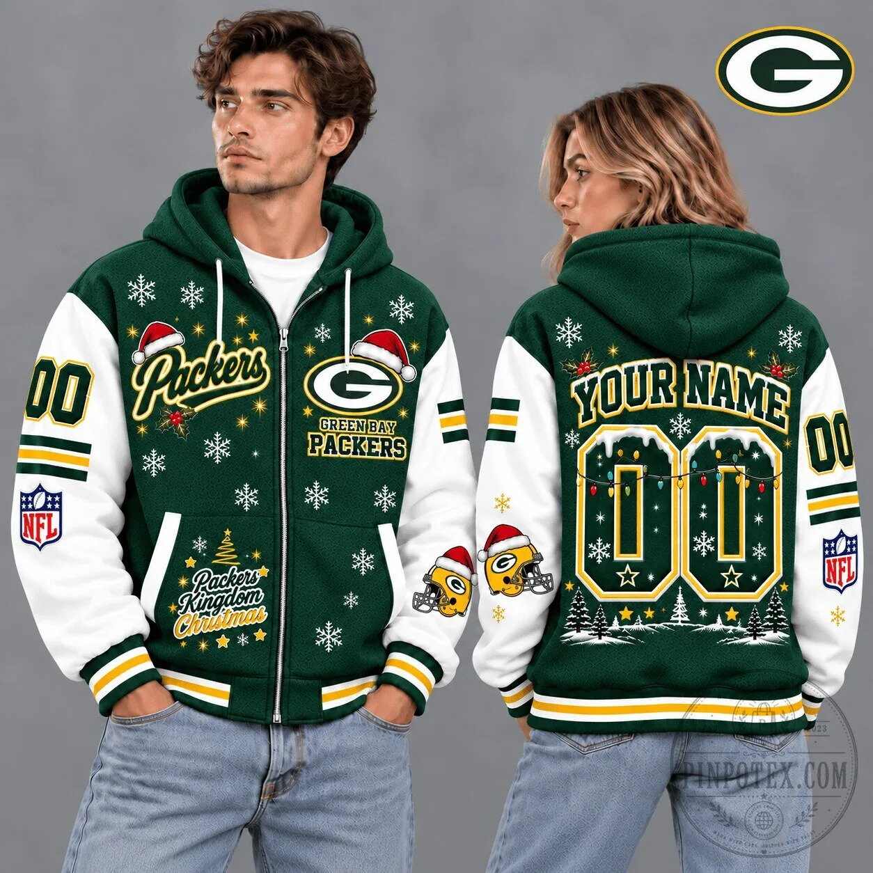 Green Bay Packers Christmas Snowflake Custom Name Number Zip Hoodie