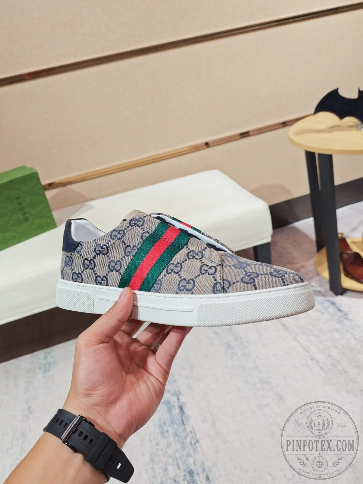 Gucci Monogrammed Canvas Low Top Sneakers with Red and Green Stripe Detail 9 Gucci Monogrammed Canvas Low Top Sneakers with Red and Green Stripe Detail