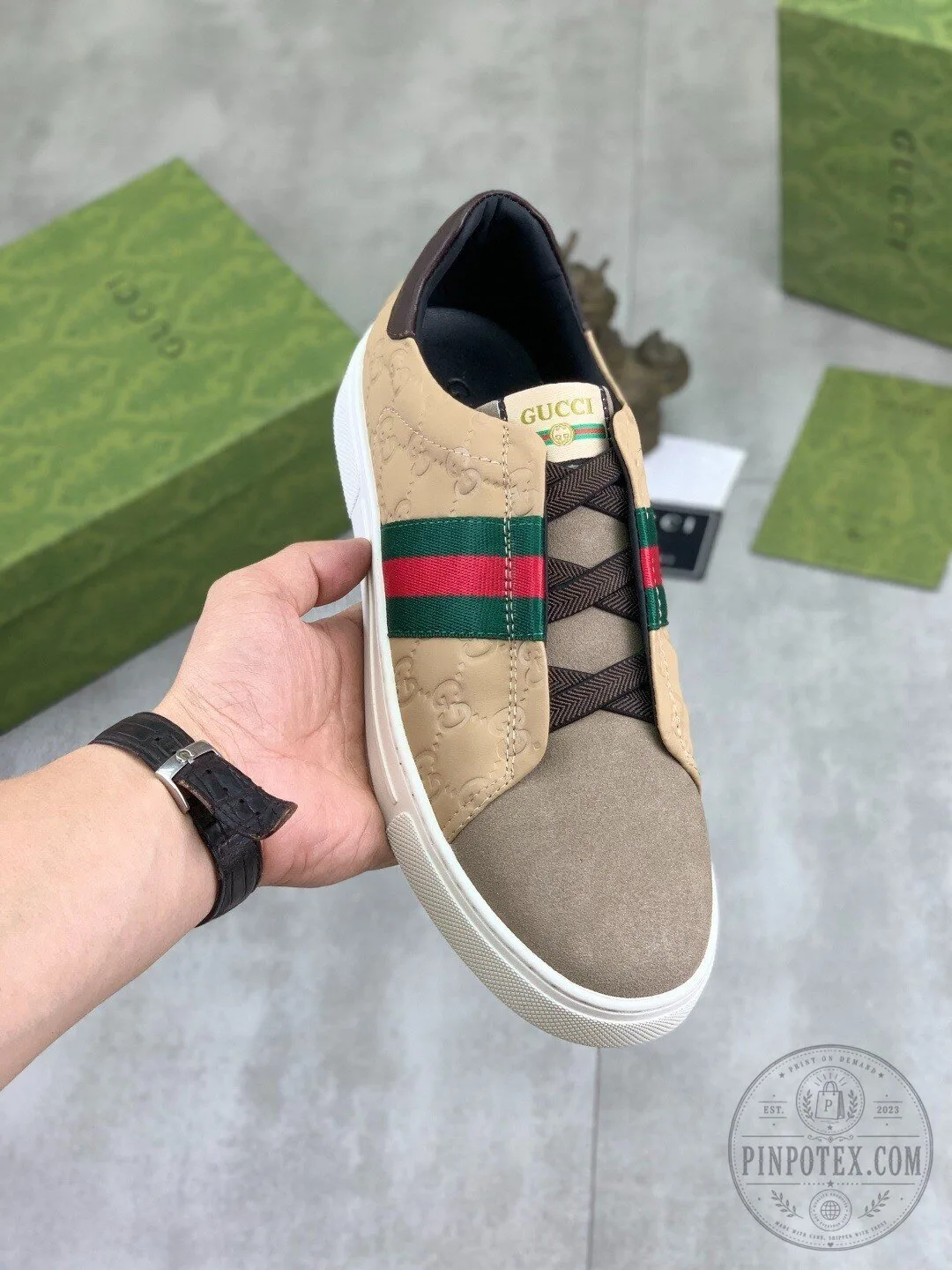 Gucci Beige Monogram Stripe Low Top Luxury Fashion Sneakers