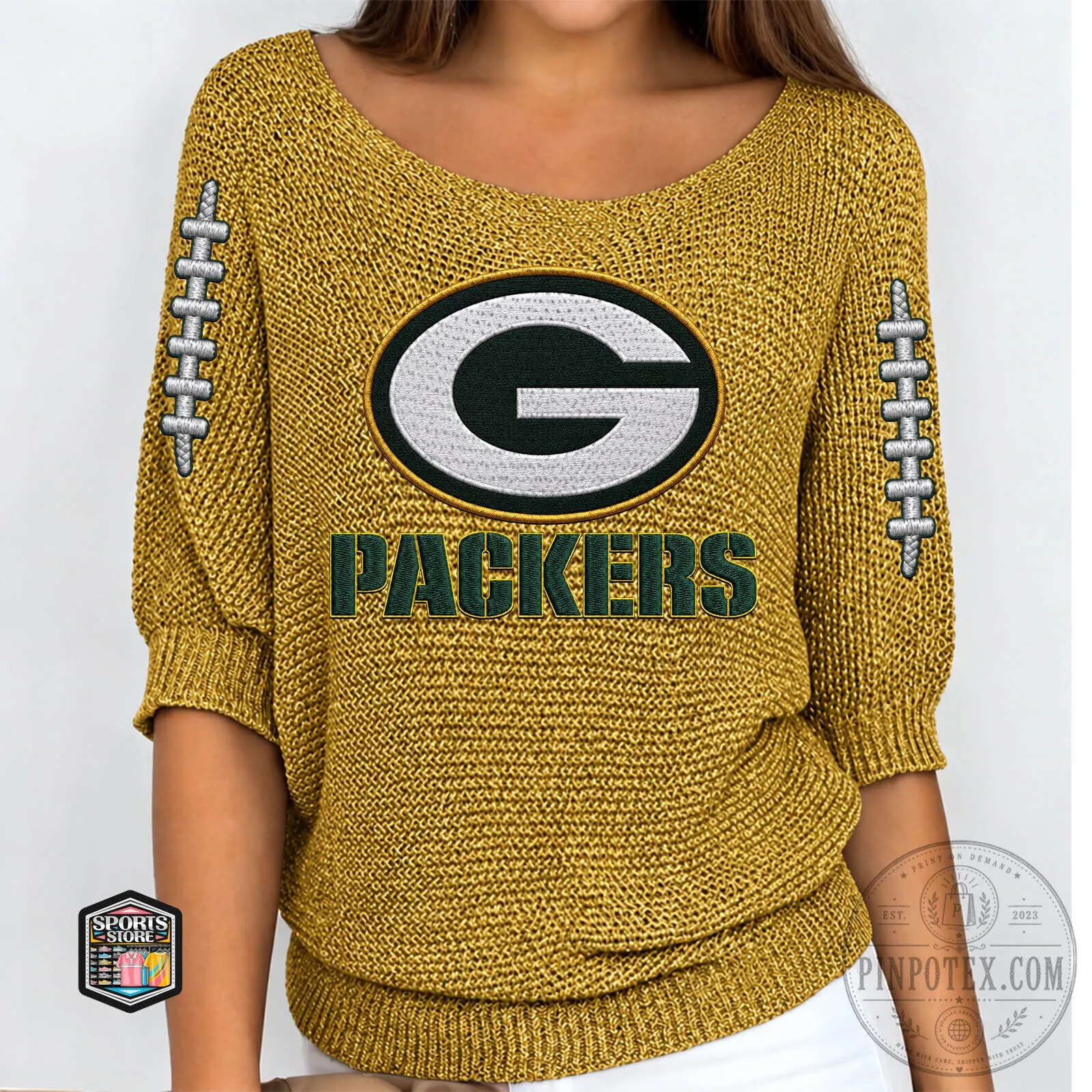 Green Bay Packers Women's Football Logo Gold Knit Quarter Sleeve Sweater