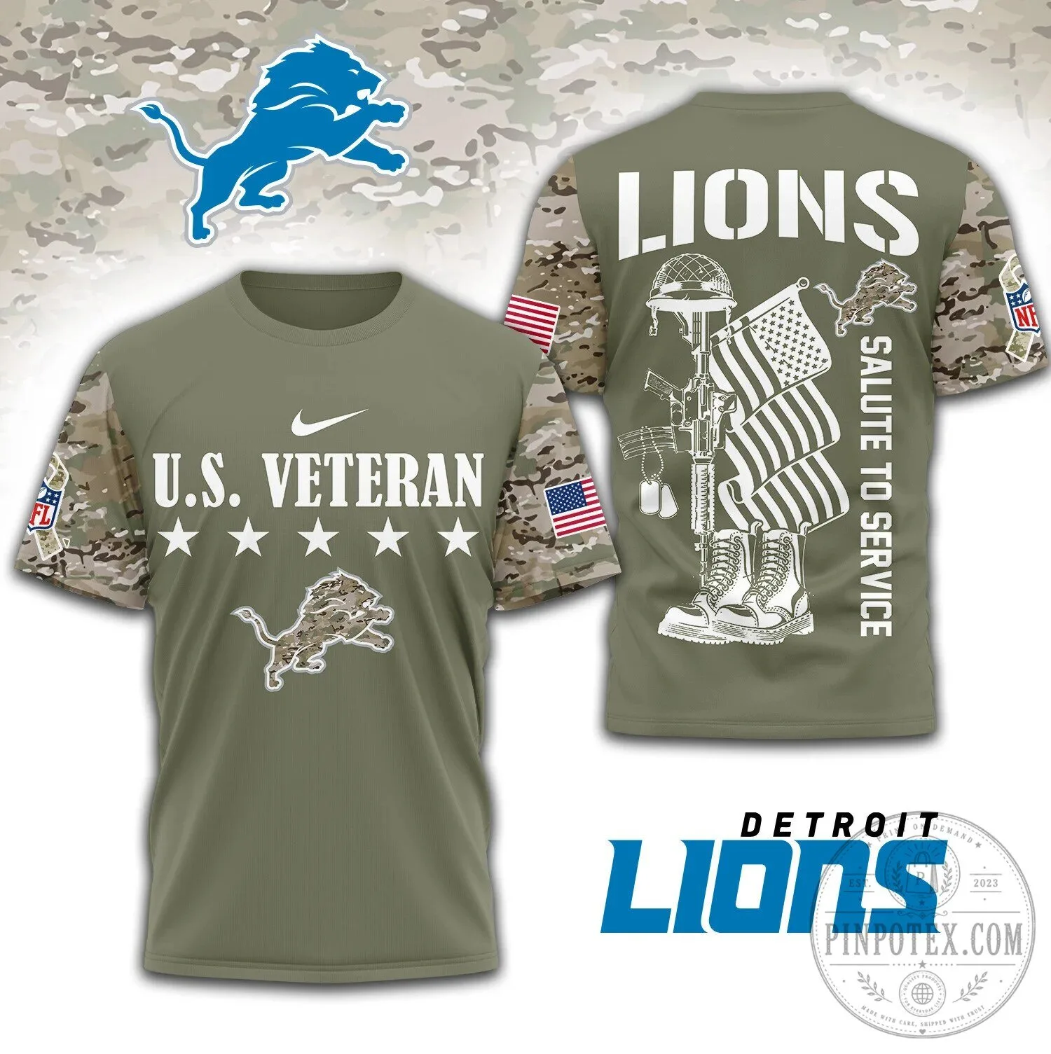 Detroit Lions Salute To Service US Veteran Military Camouflage T-Shirt