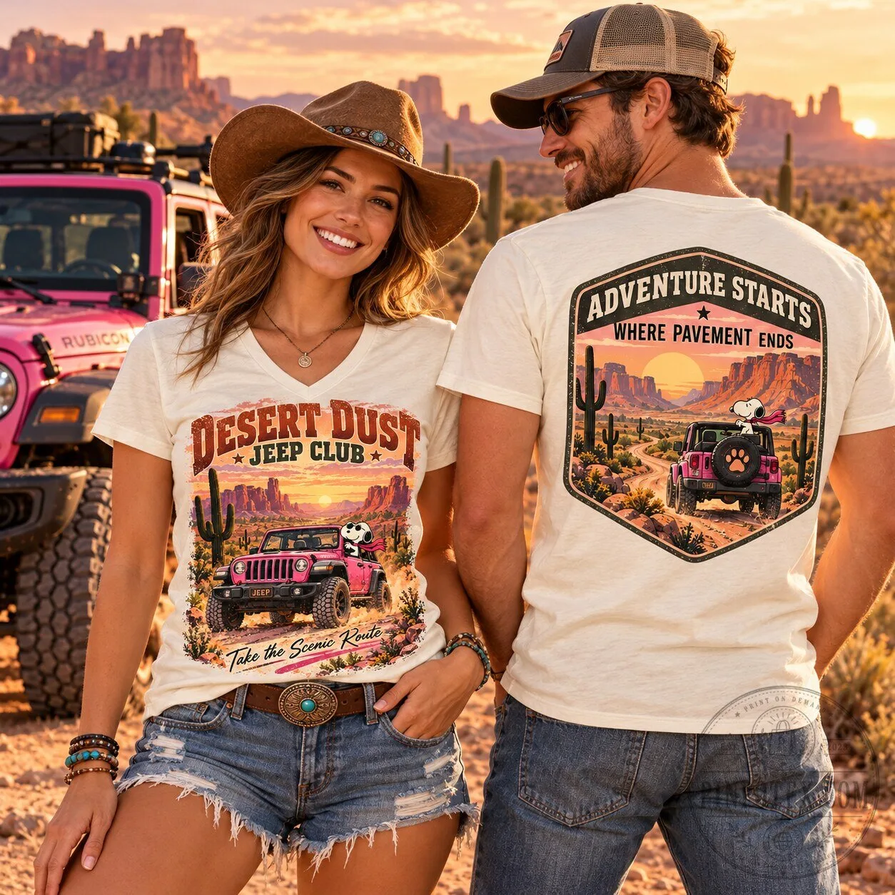 Snoopy Desert Dust Jeep Club Adventure Starts Where Pavement Ends T-Shirt