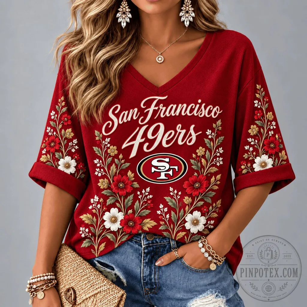 San Francisco 49ers Floral Garden V-Neck T-Shirt San Francisco 49ers Floral Garden V-Neck T-Shirt