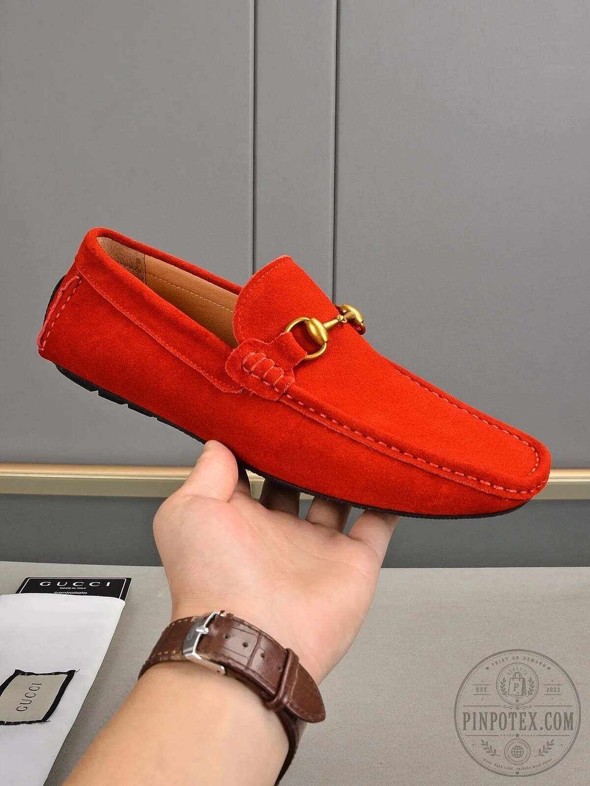 Gucci Red Suede Horsebit Loafer Shoes for Men