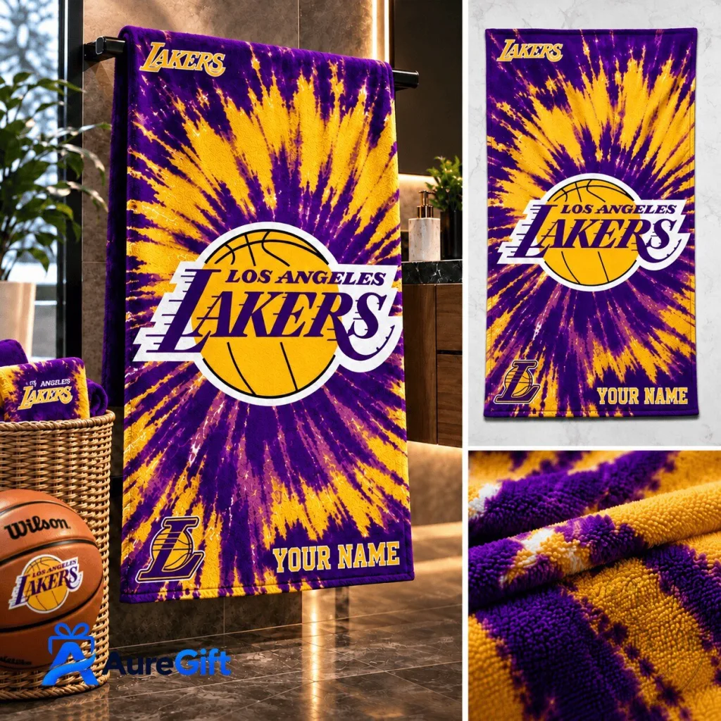 Los Angeles Lakers NBA Tie-Dye Personalized Basketball Fan Bath Towel Los Angeles Lakers NBA Tie-Dye Personalized Basketball Fan Bath Towel