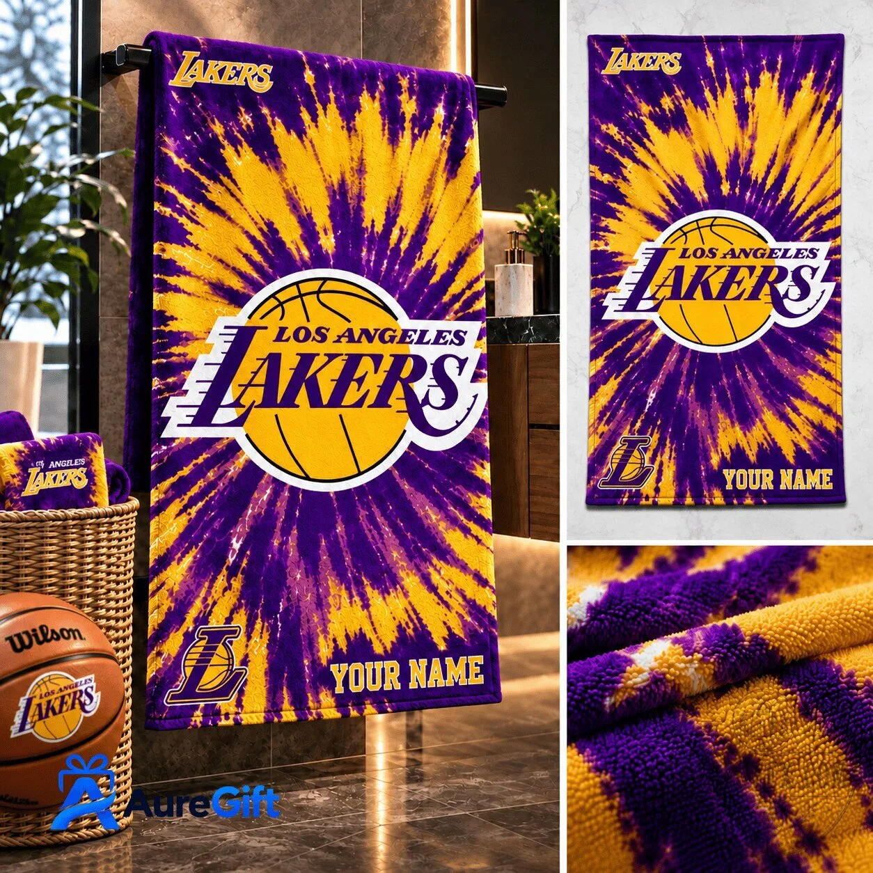 Los Angeles Lakers NBA Tie-Dye Personalized Basketball Fan Bath Towel