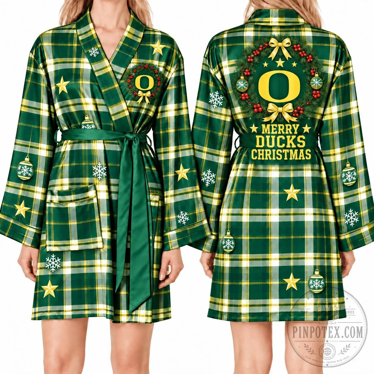 Oregon Ducks Christmas Plaid Satin Bathrobe