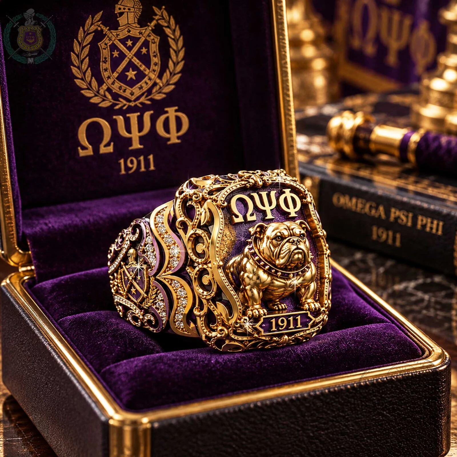 Omega Psi Phi Fraternity 1911 Bulldog Mascot Gold Plated Ring