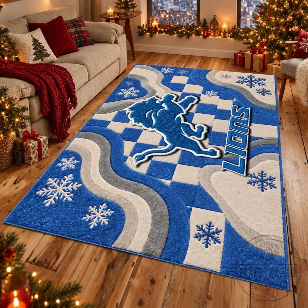 Detroit Lions NFL Team Logo Blue Snowflake Checkerboard Pattern Area Rug